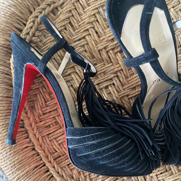 Vintage Christian Louboutin black suede platform fringe high heels - Picture 4 of 9